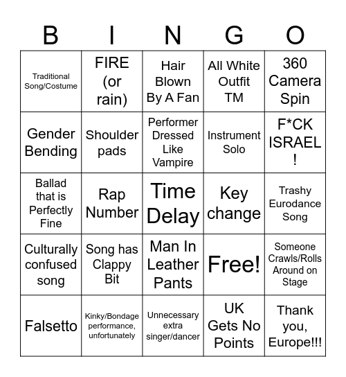 Eurovision 2024 Bingo Card