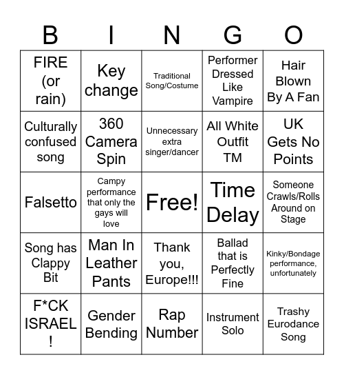 Eurovision 2024 Bingo Card