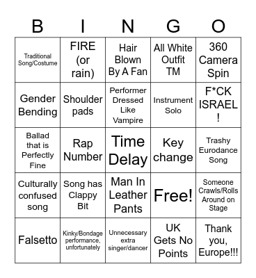 Eurovision 2024 Bingo Card