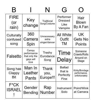 Eurovision 2024 Bingo Card