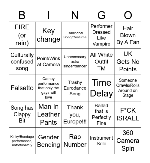 Eurovision 2024 Bingo Card