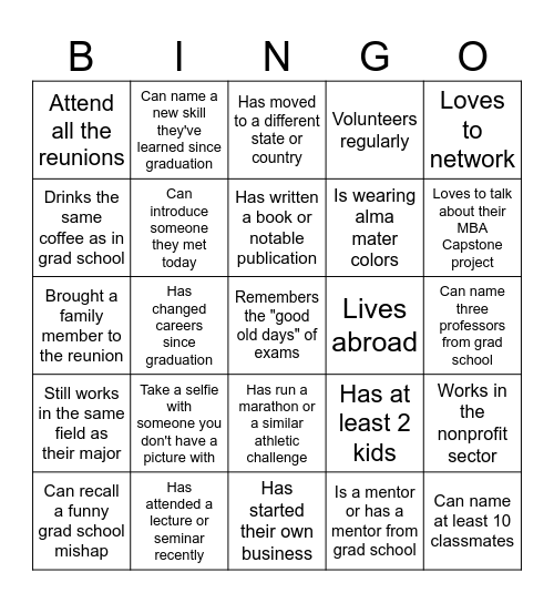 UCI MBA 10-year reunion Bingo Card