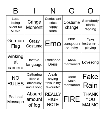 Maurice excellent Eurovision Bingo Card