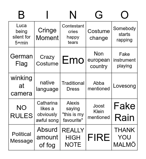 Maurice excellent Eurovision Bingo Card