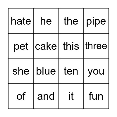 sight words bingo Card