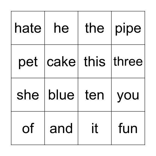 sight words bingo Card