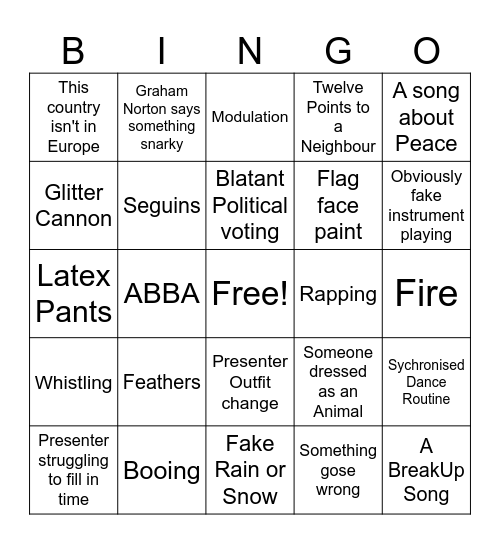 EuroVision 2024 Bingo Card