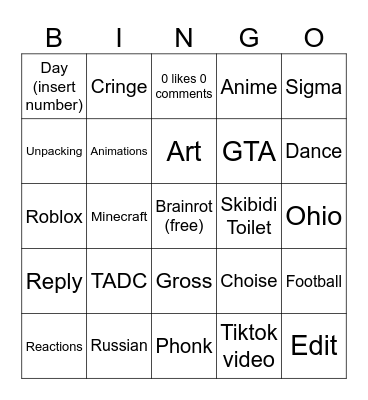 Youtube shorts Bingo Card