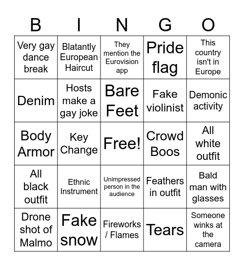 Eurovision Bingo Card