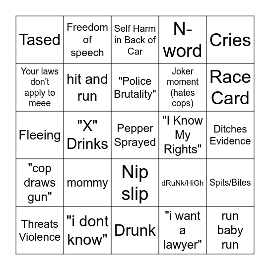 Body Cam Bingo Card