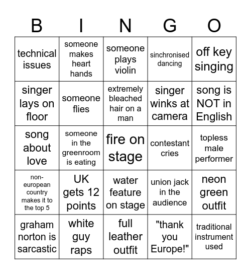 I'm not your Goy! Eurovision Bingo Card