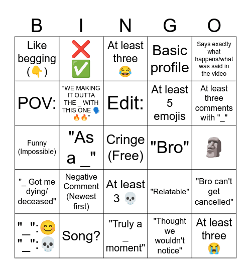 Youtube Comments Section Bingo Card