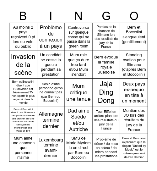 BINGO Eurovision 2024 (sponsorisé par le Crédit Mutuel qui donne le LA) Bingo Card