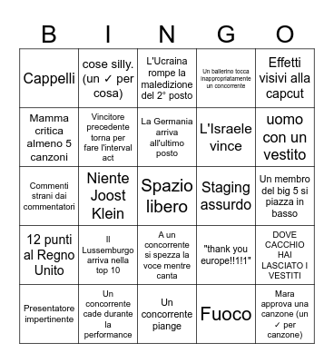 Eurovision 2024 Bingo Card