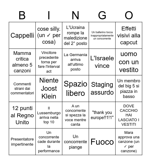 Eurovision 2024 Bingo Card