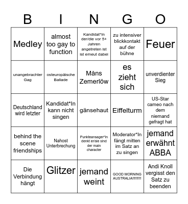 Eurovision Bingo Card