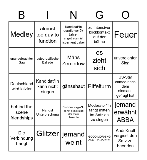 Eurovision Bingo Card