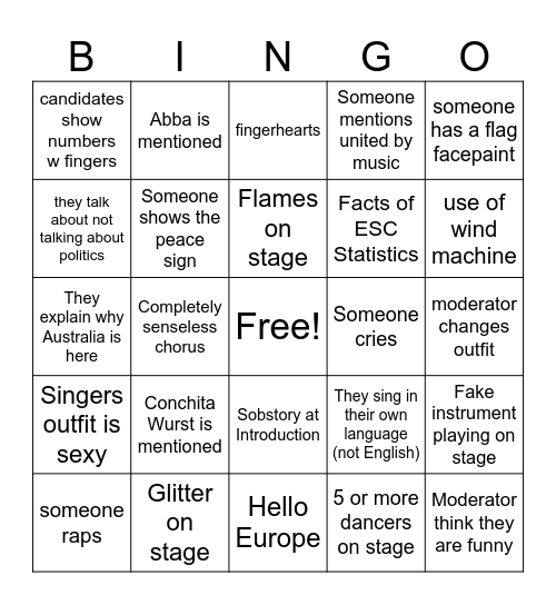 ESC 2024 Bingo Card