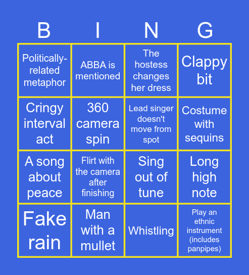 Eurovision 2024 Bingo Card