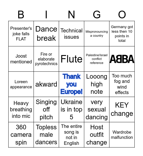 Eurovision 2024 Bingo Card