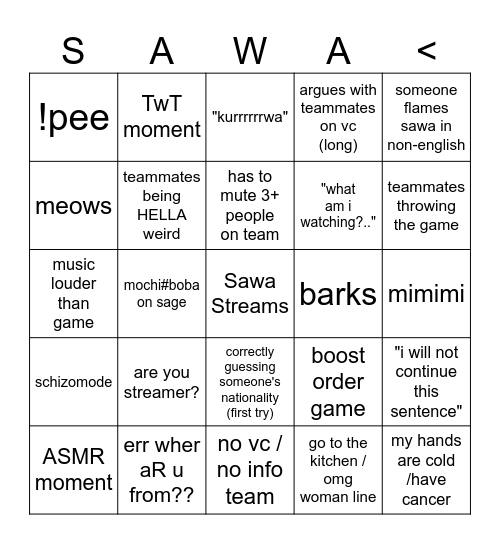 TWITCH.TV/SAWA VALORANT BINGO Card