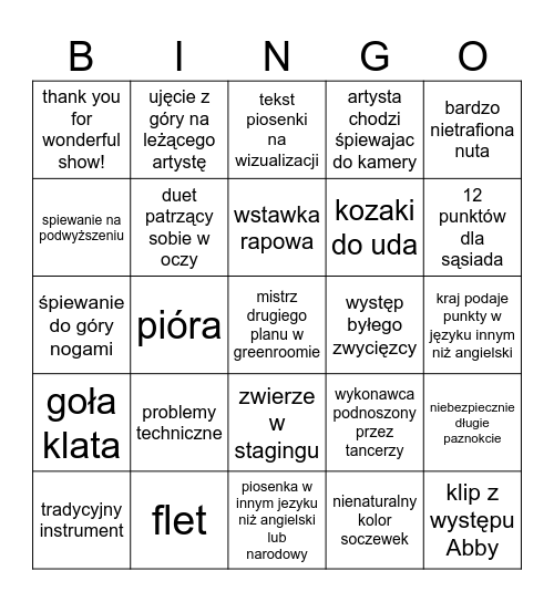 Eurovision 2024 Bingo Card