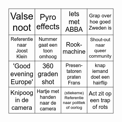 Eurovision 2024 NL Bingo Card