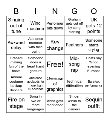 Eurovision Song Contest Bingo Card