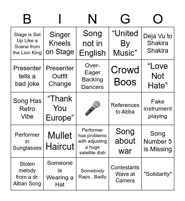 Eurovision 2024 Bingo Card