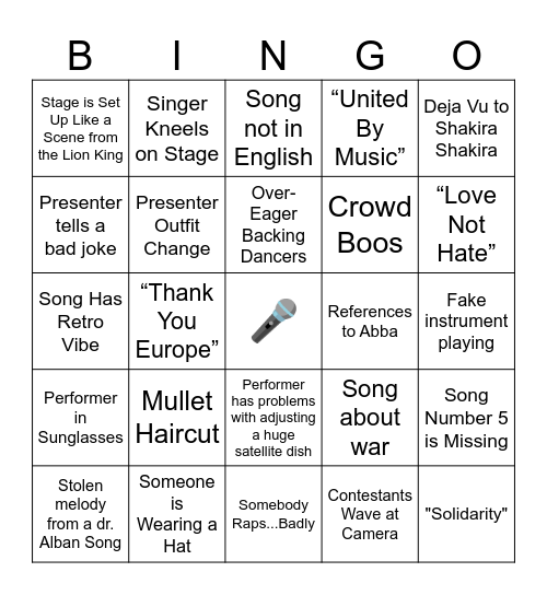 Eurovision 2024 Bingo Card