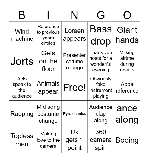 Eurovision 2024 Bingo Card