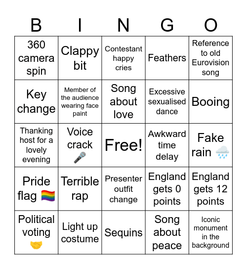 Eurovision Bingo Card