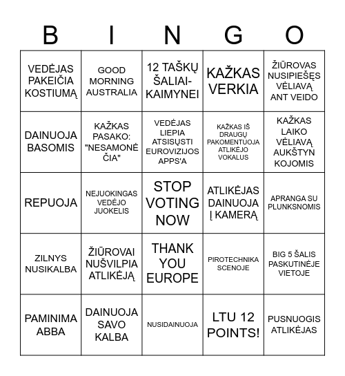 EUROVIZIJA 2024 BINGO Card