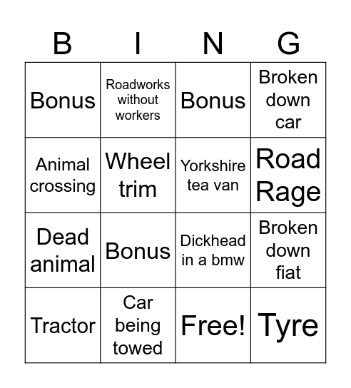 Motorway Bingo Card