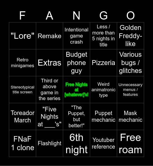 FNaF Fan Game Fango Bingo Card