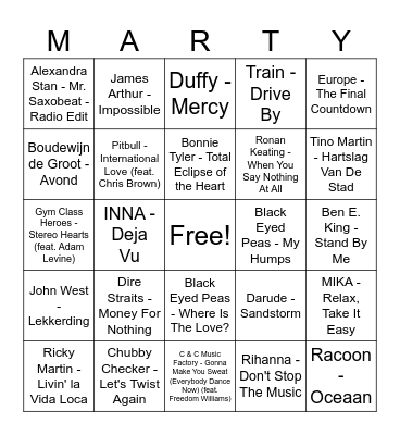 Music Bingo 6 Bingo Card