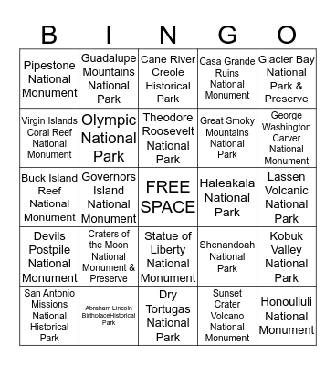 National Parks & Monuments Bingo Card