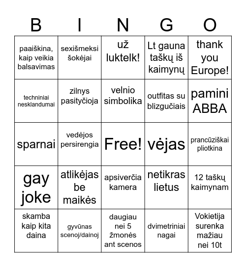 eurovizija gurls&gays Bingo Card