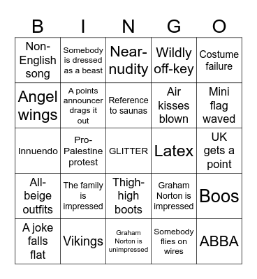 Eurovision 2024 Bingo Card