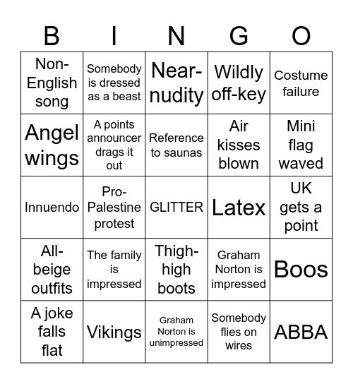 Eurovision 2024 Bingo Card