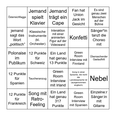 TAPETE EUROVISION BINGO 2024 Bingo Card