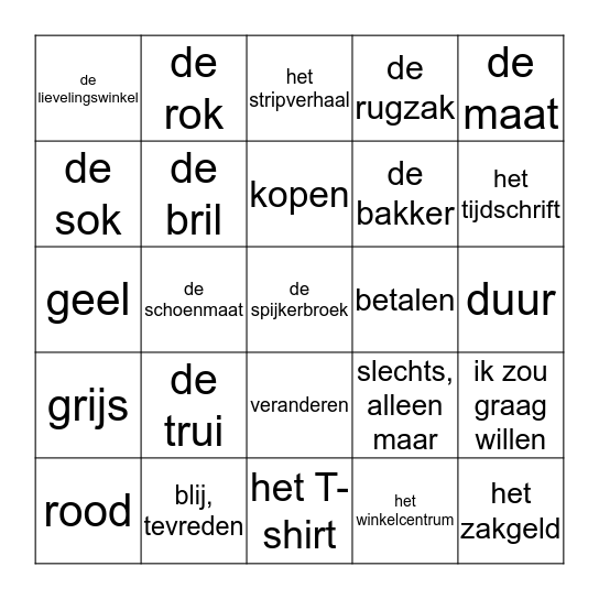 Vocabulaire Chapitre 6 Klas 1 Bingo Card