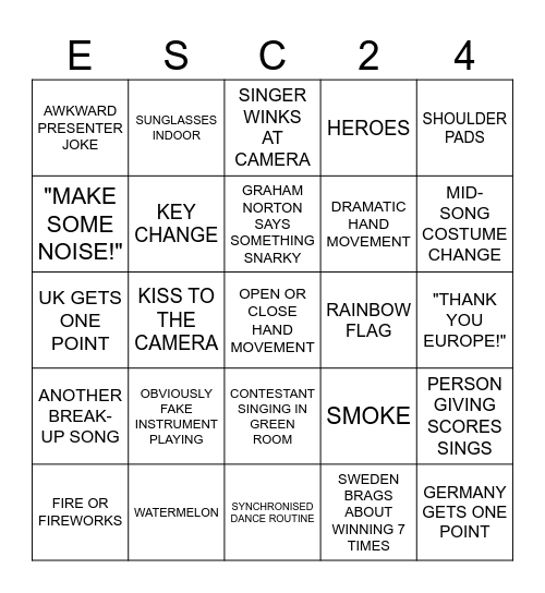 EUROVISION BINGO Card