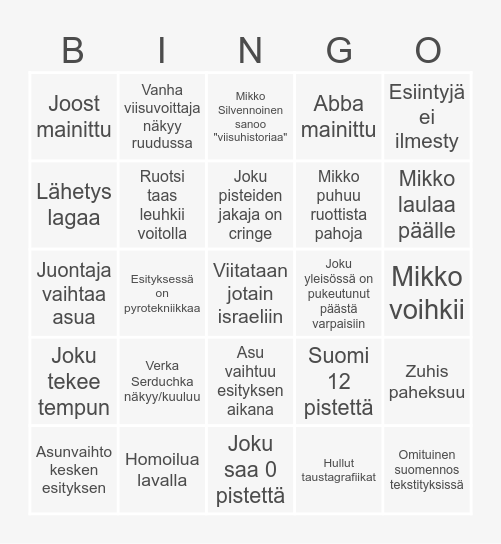 Euroviisu Bingo Card