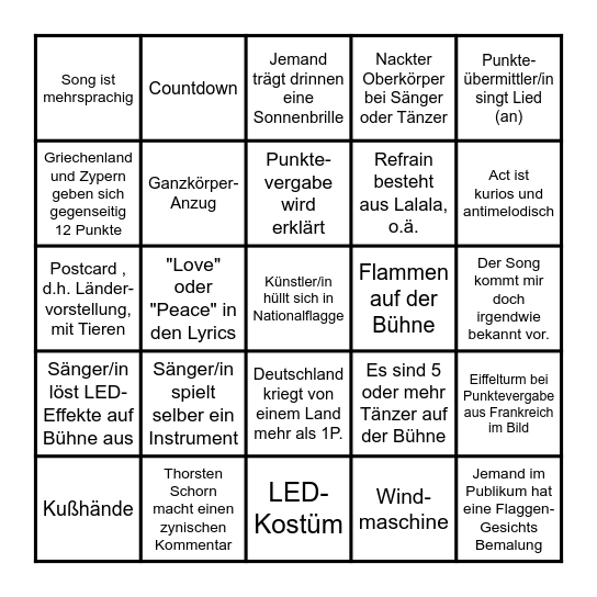 ESC 2025 Bingo (deutsch) Bingo Card