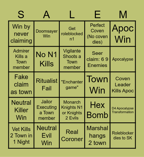 The Town of salem 2 Bingo Card