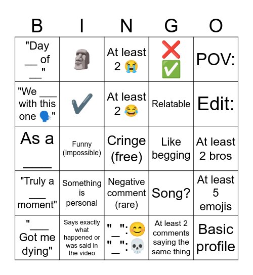 YouTube Shorts Comments Bingo Card