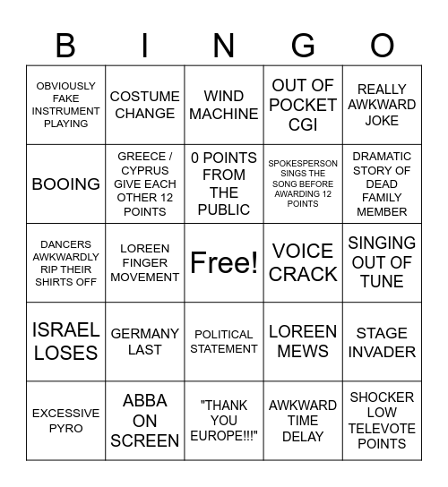 Eurovision Bingo!!!! Bingo Card