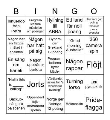 Eurovision Bingo Card