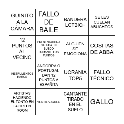 Eurovision 2024 Bingo Card